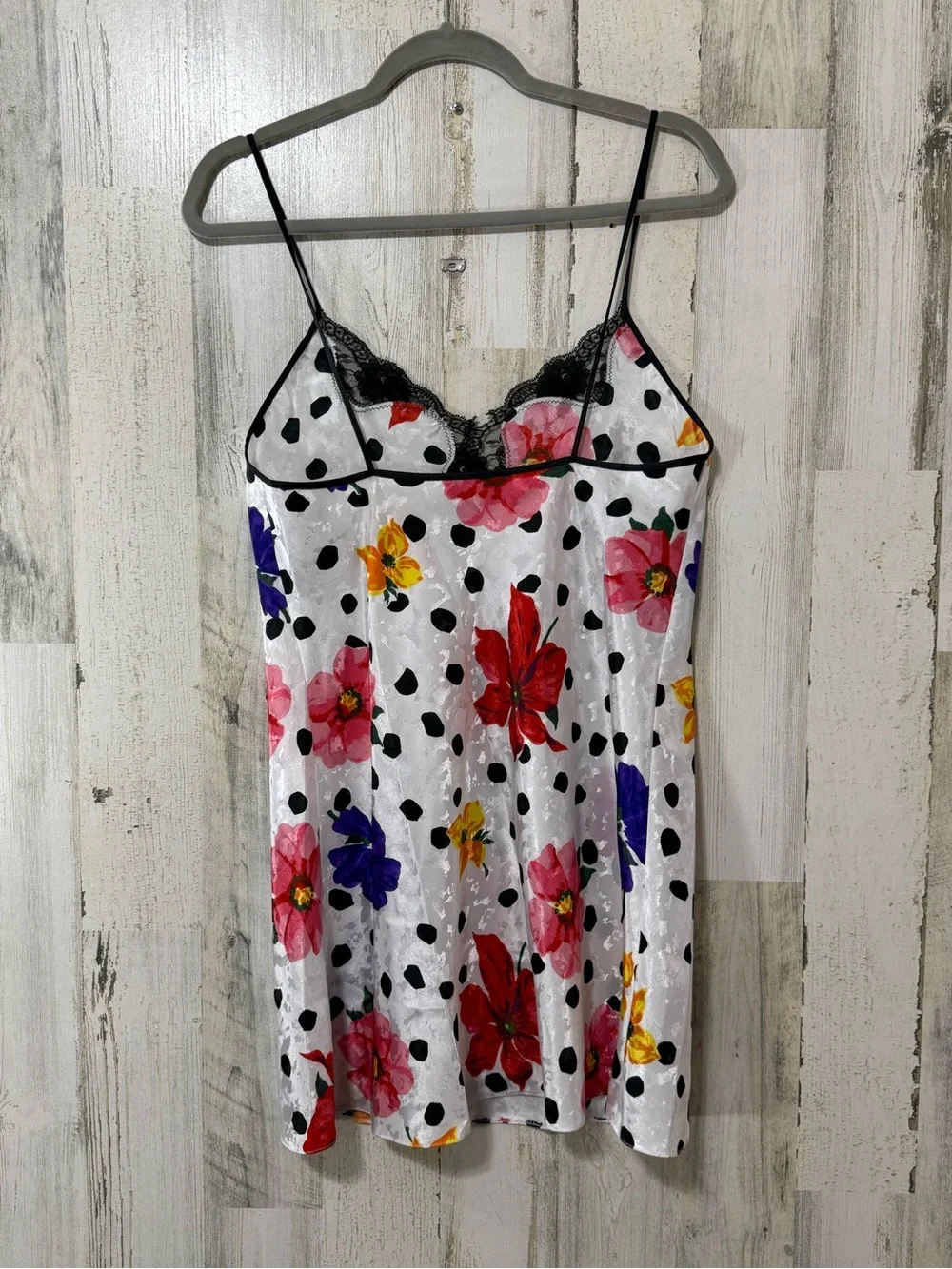 Floral Polka Dot Satin Chemise & Robe Set - White with Multicolor Flowers